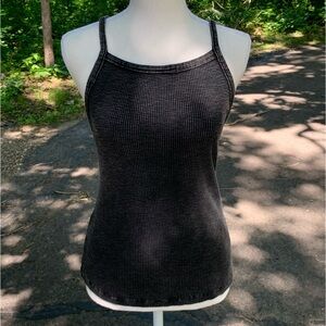 Black washed, ribbed spaghetti strap tank.